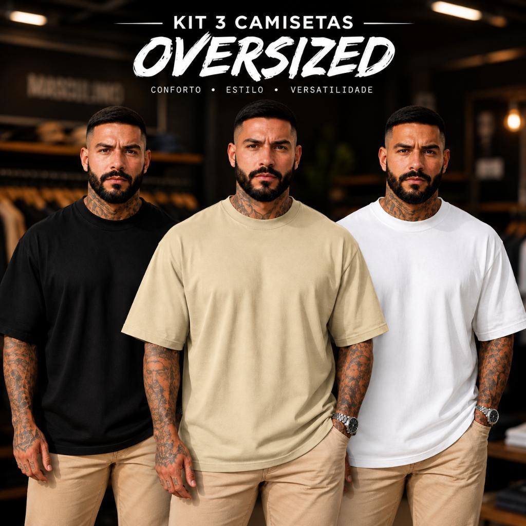 Kit 3 Camisetas Oversized Masculina Streetwear Lisa Sem Estampa 100% Algodão Premium Camiseta Street Style