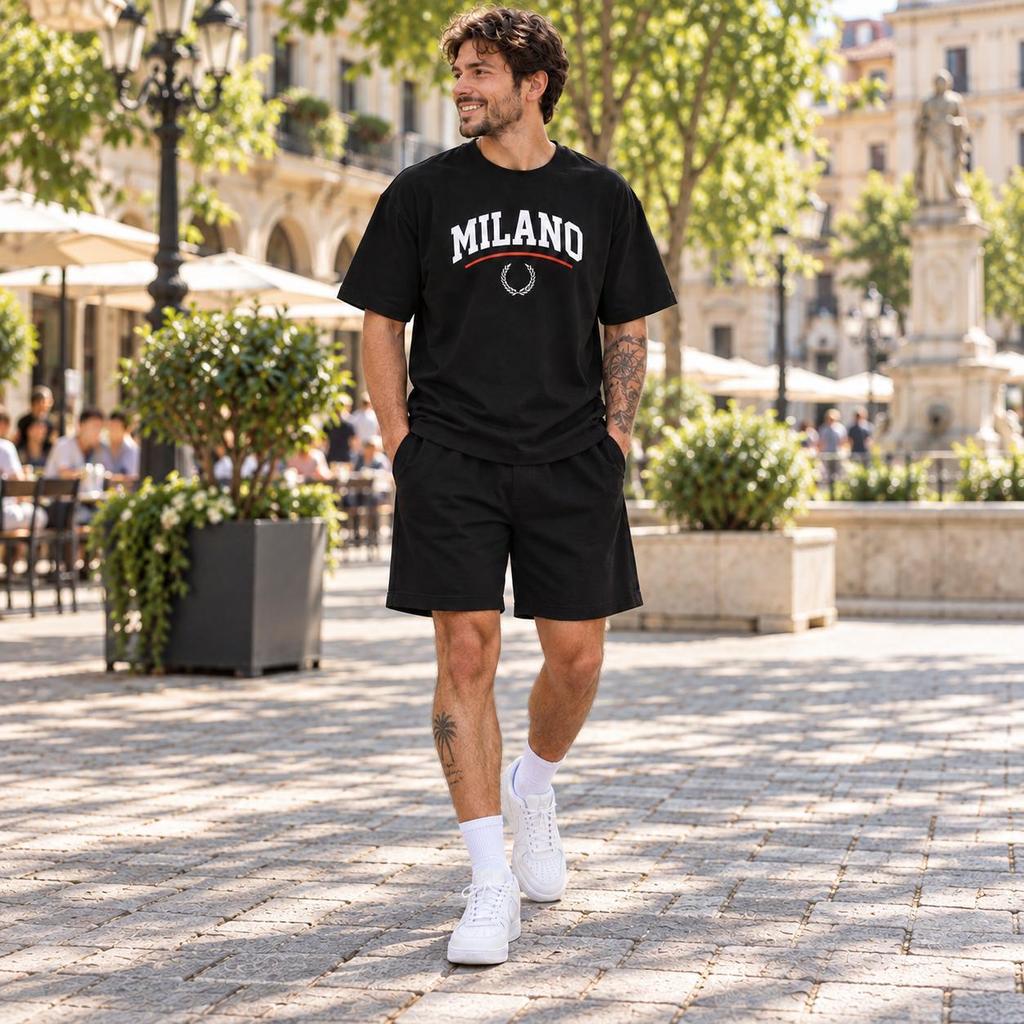 Conjunto Masculino Camiseta Cotton e Bermuda Oversized Moletinho Preto ou Somente Camiseta