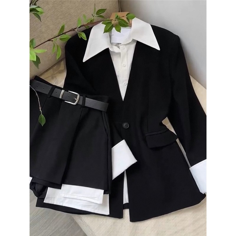 Primavera outono novo estilo série de sal cor sólida luz maduro Hepburn estilo High-End preto terno Shorts macacão de du