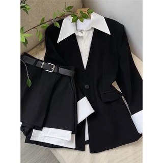 Primavera outono novo estilo série de sal cor sólida luz maduro Hepburn estilo High-End preto terno Shorts macacão de du