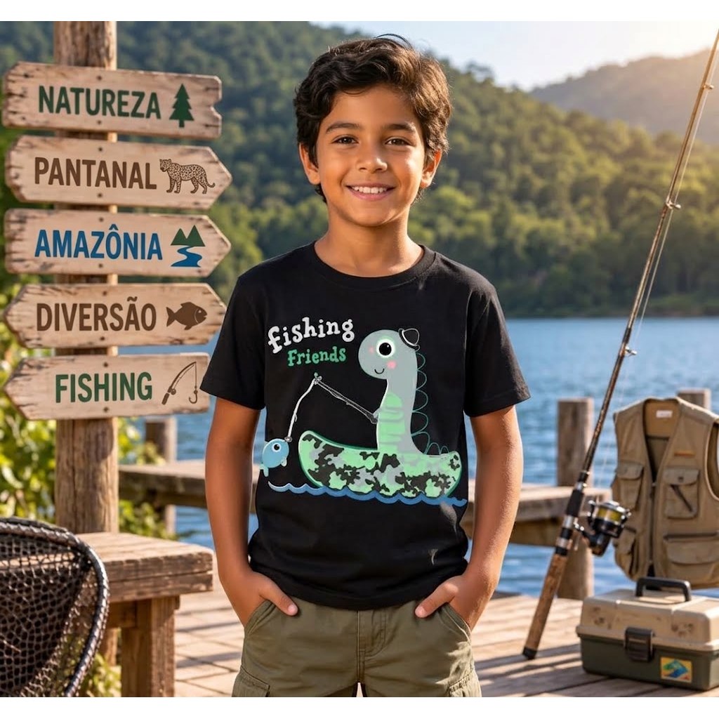 Camiseta Infantil Dinossauro Pesca Menino Menina Blusa Infantil Personagem Camisa Infantil Casual Confortável