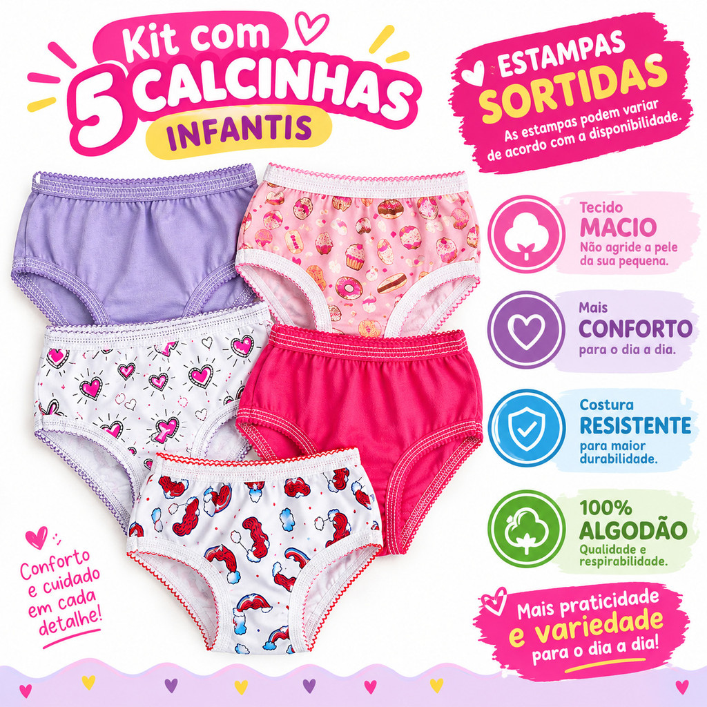 Kit 5 Calcinhas Infantil Algodão Confortável Estampa Sortida