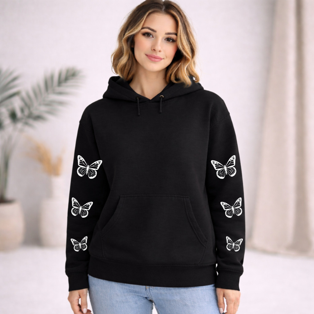 Moletom Feminino Borboleta Estampada Manga Flanelado Casaco Canguru Moda Inverno
