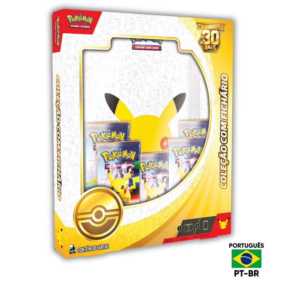 BOX COM FICHÁRIO PORTUGUÊS COLEÇÃO CELEBRAÇÕES 30 ANOS POKÉMON TCG BOOSTER CARTA CARD PASTA PT-BR
