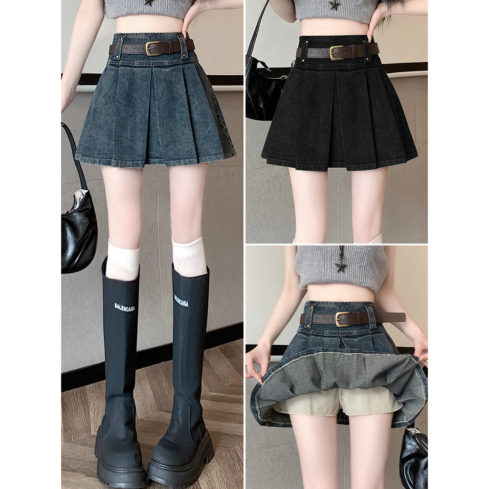 Saia jeans saia de meio comprimento feminina outono 2026 novo estilo saia plissada saia curta saia evasê cintura alta me