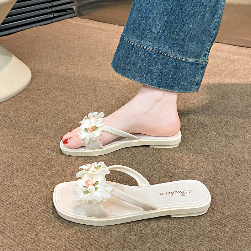 Estilo de fadas flor sandálias chinelos feminino verão exterior usar saia combinando novo estilo plana confortável All-M