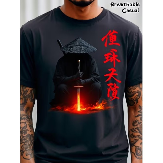Camiseta Masculina Manga Curta Estampada Samurai Espada de Fogo Confortável Moderna Estilosa Premium para Uso Casual