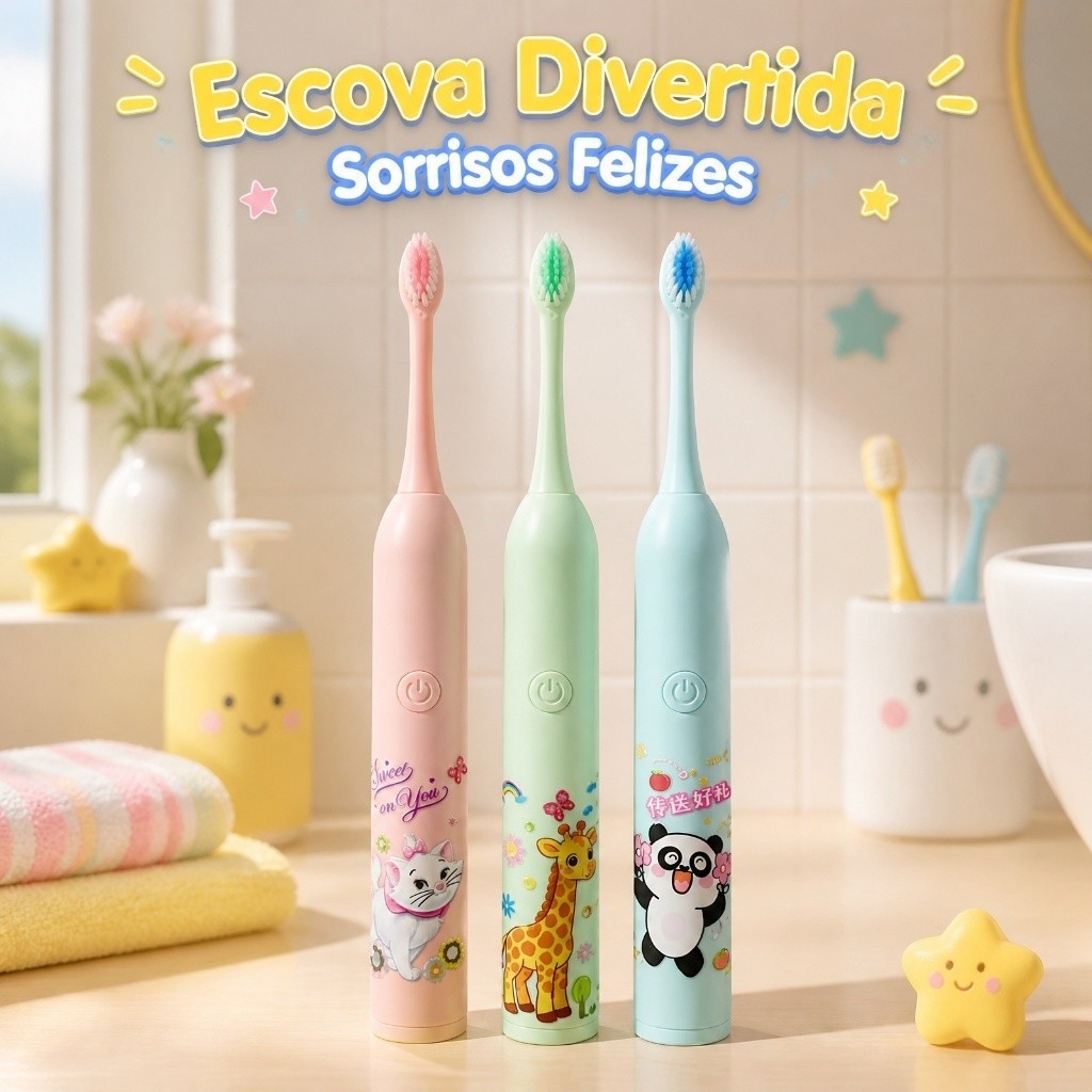 Escova Elétrica Infantil com Desenhos Animados, Cerdas Macias para Proteção de Gengiva, Carregamento USB