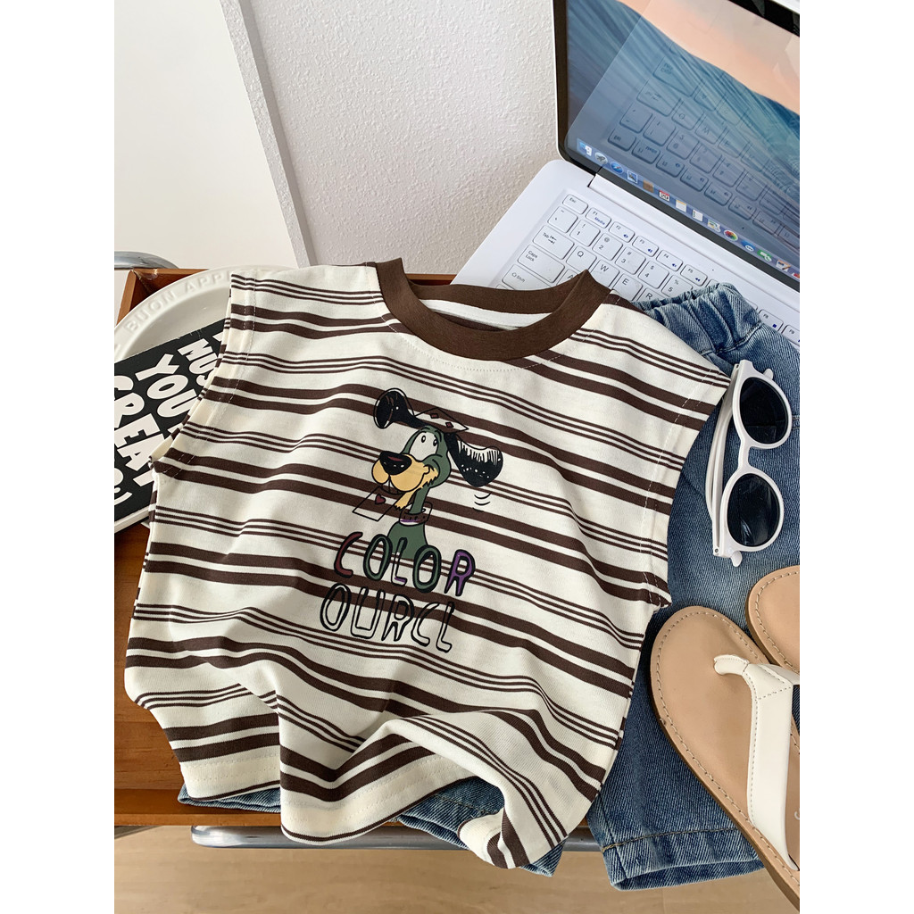 Meninos verão listrado em torno do pescoço sem mangas camiseta crianças novo estilo fino respirável dos desenhos animado