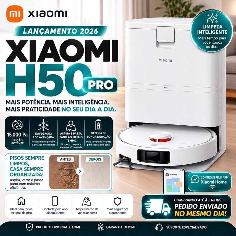 Xiaomi H50 Pro Robô Aspirador Inteligente Lançamento 2026 com Base Autolimpante 220v