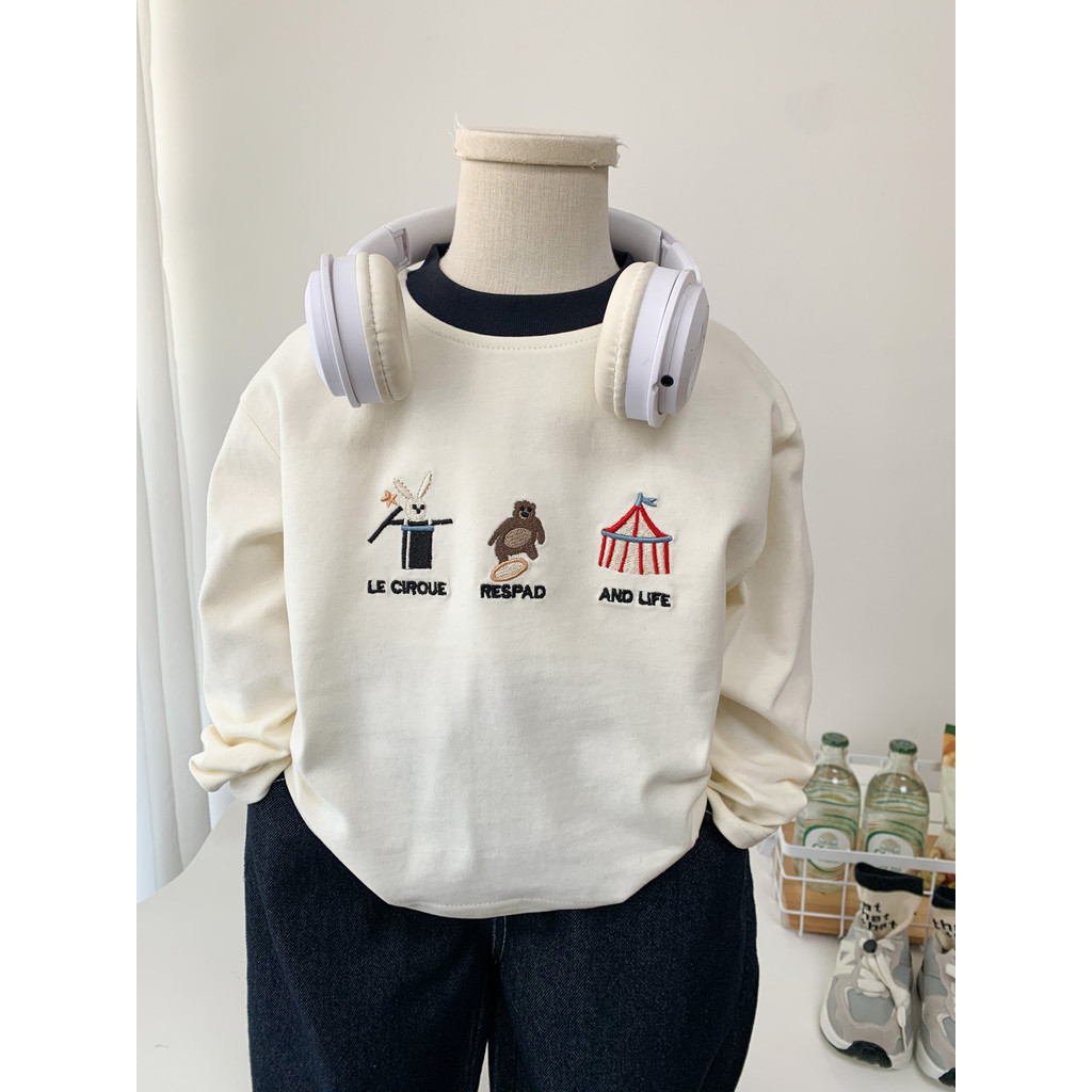Meninos primavera manga comprida camiseta 2026 novo estilo crianças dos desenhos animados bordado em torno do pescoço pu