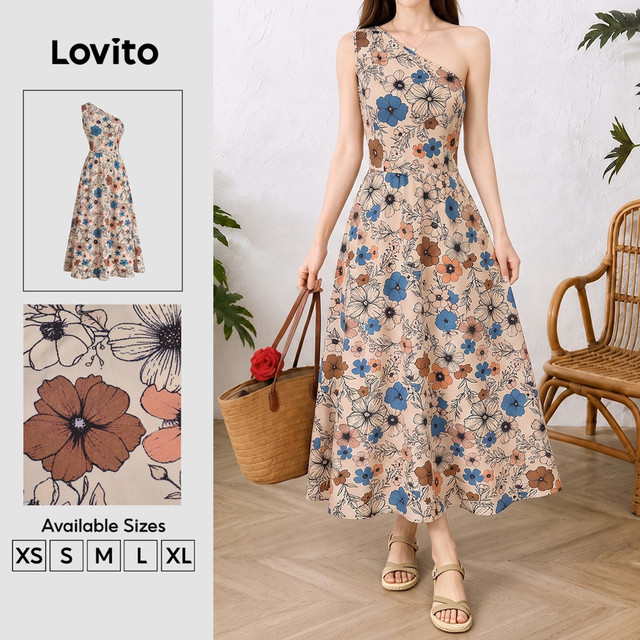 (New Arrival) Lovito Vestido Boho Flores Estilo Resort Vestido de Primavera/verão Assimétrico para mulheres DRB202P2D147