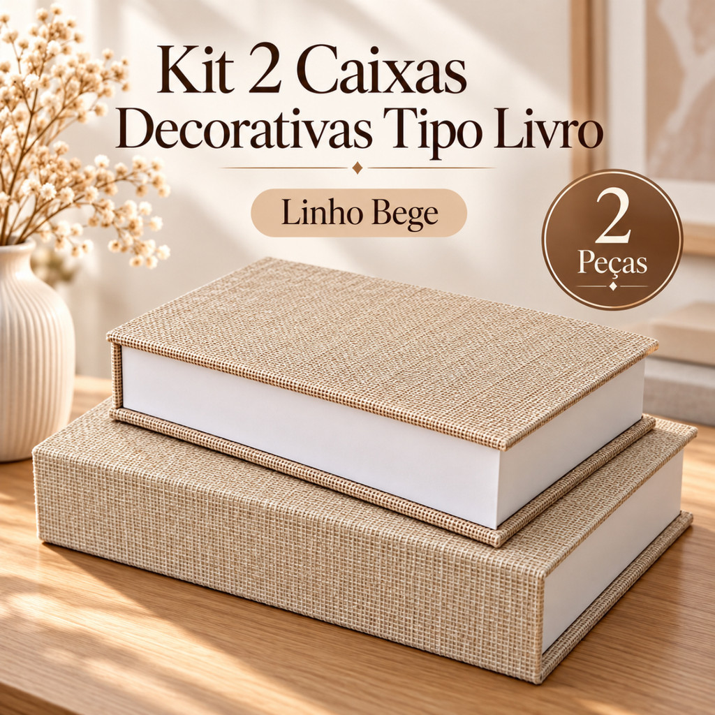 Kit 2 Livros Caixa Decorativos em Linho Bege – Organizadores Porta-Objetos para Sala e Escritório