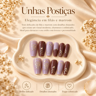 Kit Unhas Postiças de Pressão Bailarina Lilás e Marrom, Rosas em Dourado Metálico