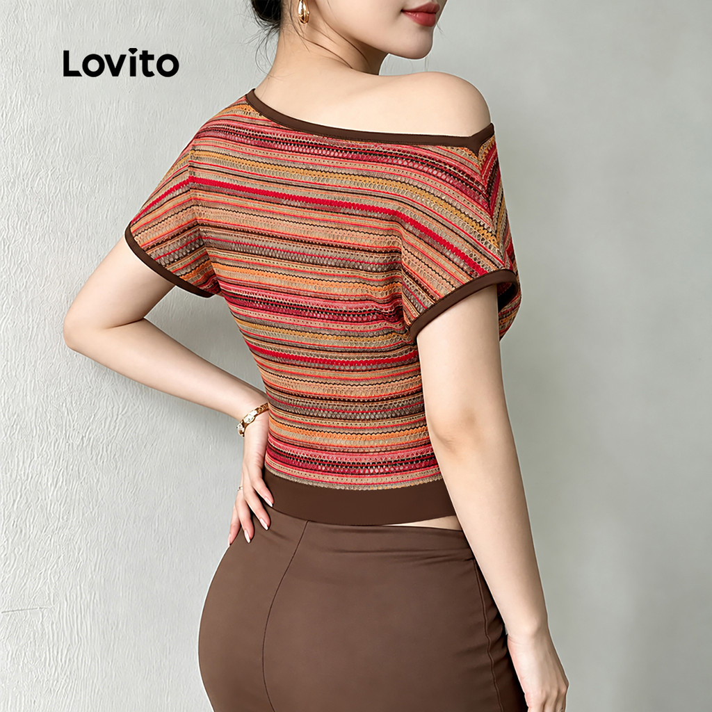 Lovito Camiseta Feminina Listrada Manga Curta Ombro a Mostrar Geométrica Textura Fria Casual Primavera Verão Fim de Semana TSK10P1D669 — imagem 2 de 2