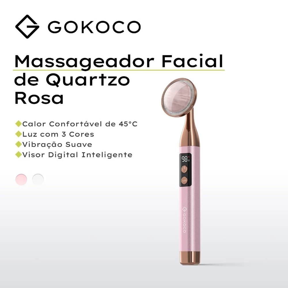 GOKOCO Massageador Facial Elétrico Quartzo Rosa com 3 Cores LED, Vibração, Aquecimento 45°C e Display Digital