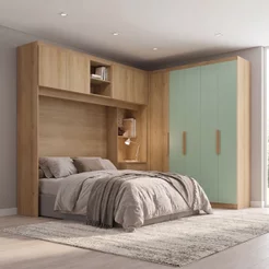 Guarda Roupa Casal Modulado 3 Peças com Cabeceira 4 Portas 3 Gavetas Milan Yescasa Capuccino/Verde Menta