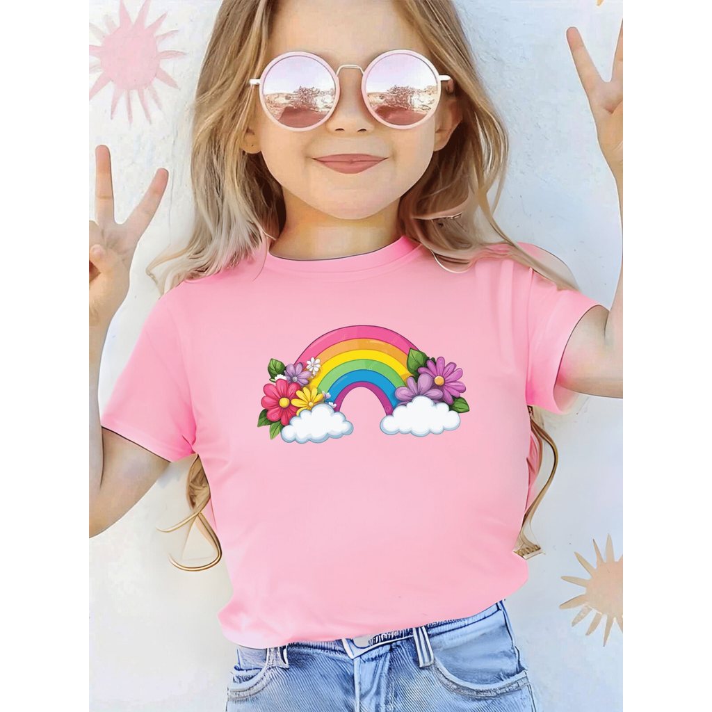 Camiseta Infantil Para Meninas Pré Adolescentes e Crianças Estampada Arco Iris Camisa 100% Algodão Primavera Verão