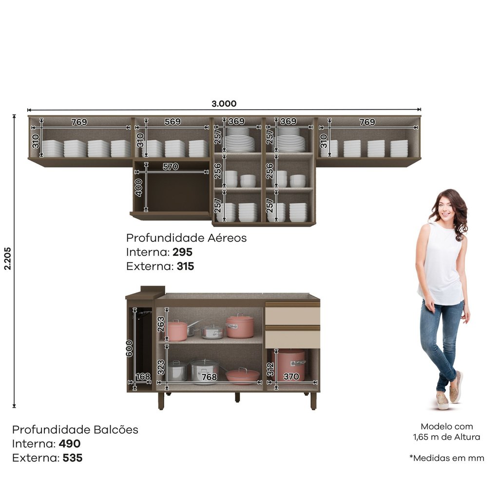 Cozinha Completa Modulada 8 Peças 8 Portas 100% MDF Aurora Espresso Móveis Cinza/Duna/Cristal · foto 2