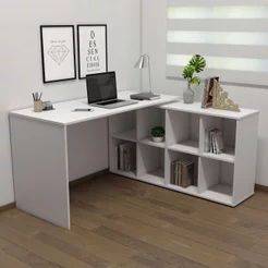 Escrivaninha Mesa Escritório Ergonômica e Atemporal em L com para Armazenamento Nero 8 Nichos 135cm Branco