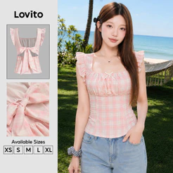 Lovito Férias Blusa Rosa Feminina com Laço Delicado Fresca e Confortável para Primavera/Verão L139AD384