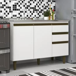 Balcão para Cozinha 3 Gavetas 2 Portas 120cm Branco Branco