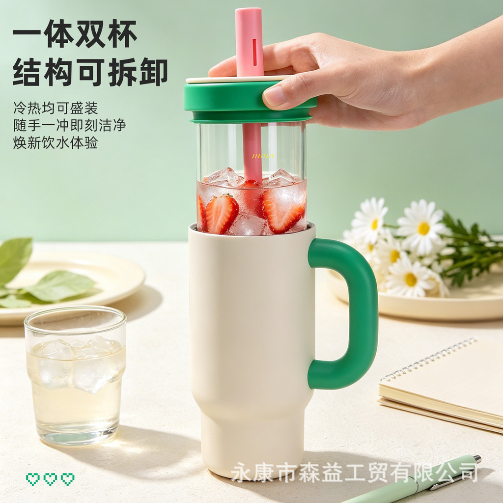 Novo produto pronto estoque novo estilo forro de vidro copo térmico meninas copo de café de grande capacidade de alto va