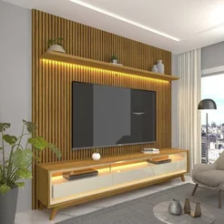 Rack com Painel Ripado para TV até 90 Polegadas LED 100% MDF Pés em Madeira Maciça Yescasa Naturale/Off White