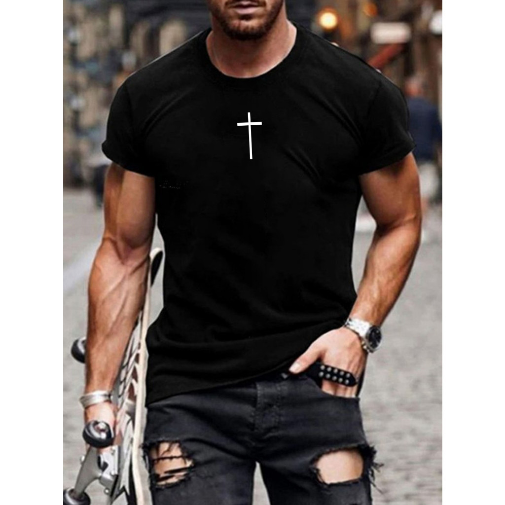 [Camiseta Premium em Algodão Puro]CL Camiseta Masculina Cruz Preta ou Branca 100% Algodão

