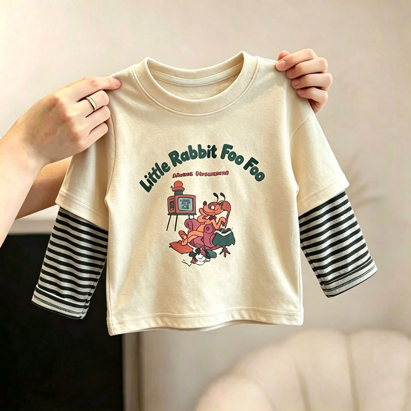 Camiseta de manga comprida de algodão puro menino bebê primavera outono novo estilo médio pequeno crianças versão corean