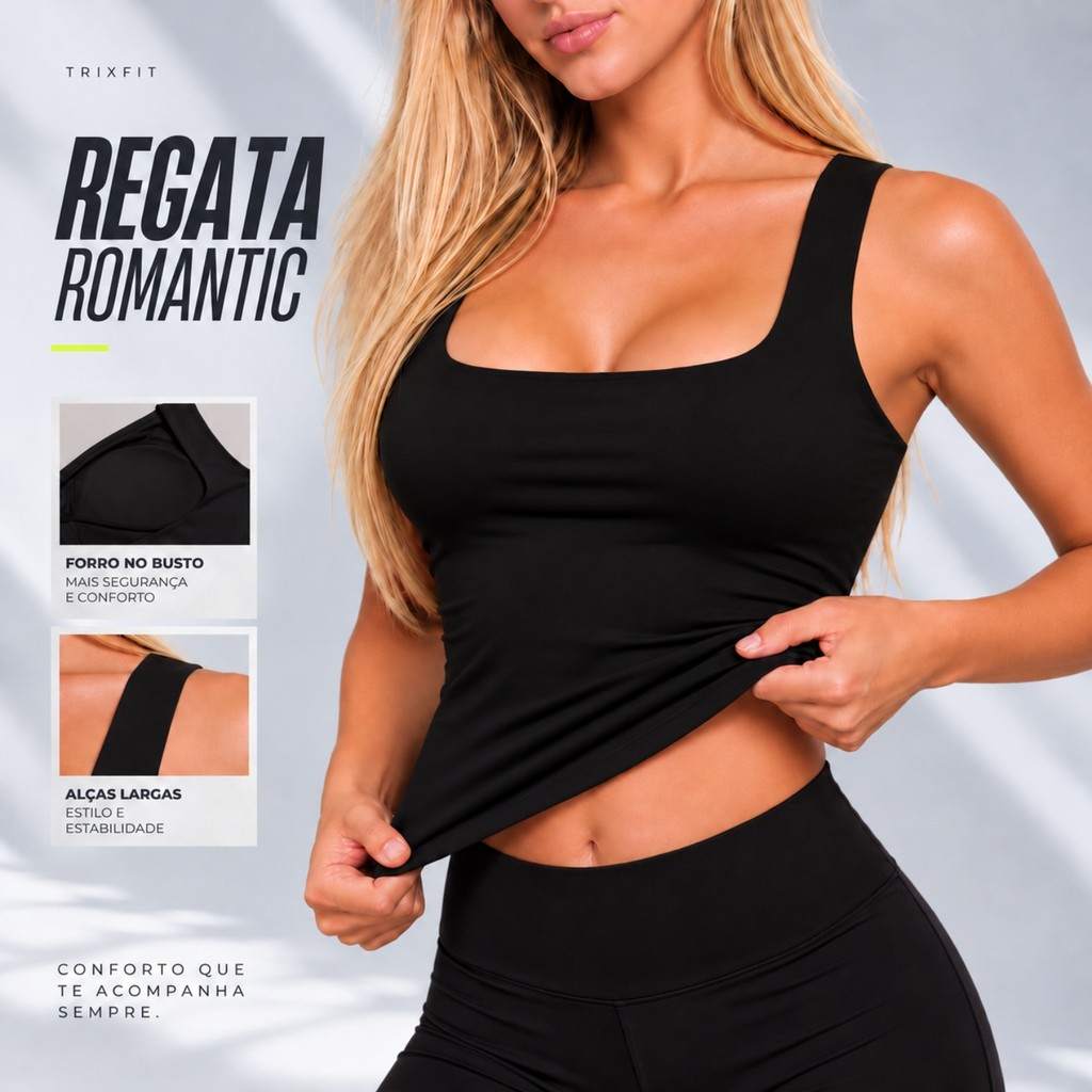 Regata Feminina Slim Moda Casual Elegante Gola Quadrada Alça Larga Blusinha Confortável Com Forro Versátil Academia