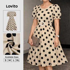 Lovito Elegant Vestido Evasê Até O Joelho Com Poás Zíper E Pompom Cor Apricot Para Mulheres DRB38BR270