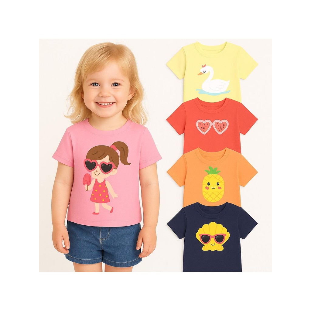 Kit 3 Camisetas de Manga Curta Feminina Infantil -  3 Blusas para Meninas Infantil Verão Sortidas
