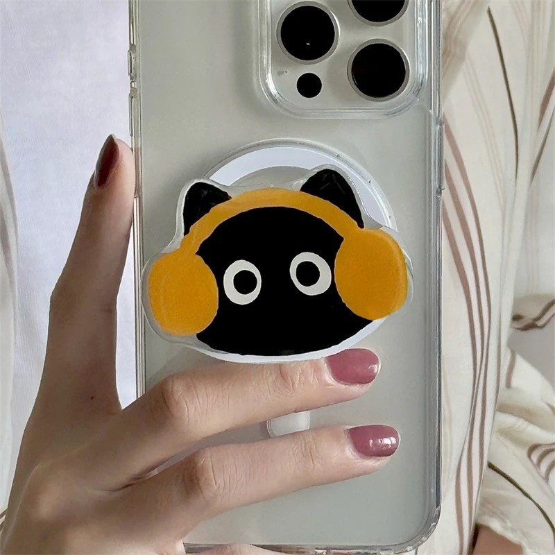 Coreia Bonito Dos Desenhos Animados Gato Preto Para Magsafe Telefone Magnético Griptok Grip Tok Suporte Caso De Carregam
