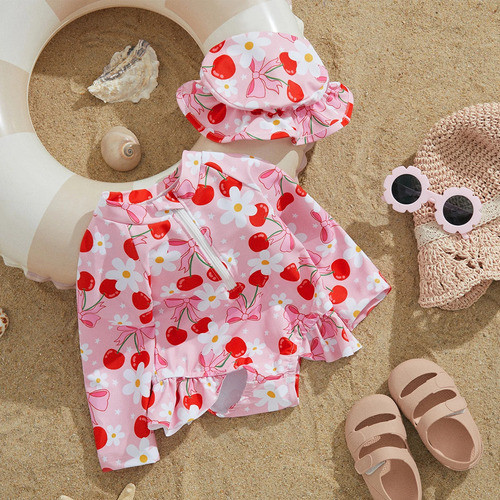 Maiô Bebê Manga Longa Com Chapéu Proteção Solar Uv Praia