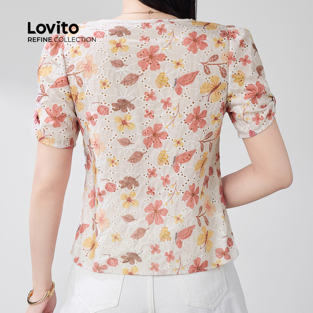 Detalhes do (Lovito Refine) Blusa Casual com Laço Bordado de Ilhós Primavera/verão Blusa multicolor LR21E203