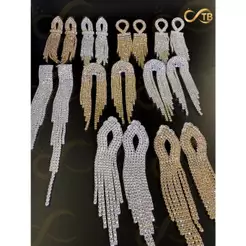 TB Brincos Dourados prata com Franja Strass Brinco Luxo Feminino Brilho Intenso Moda Festa Presente