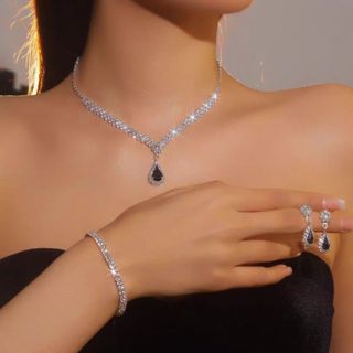 Conjunto de colar e brincos com pingente preto feminino, adequado para casamento, conjunto de joias 3 em 1 em Oferta na Shopee