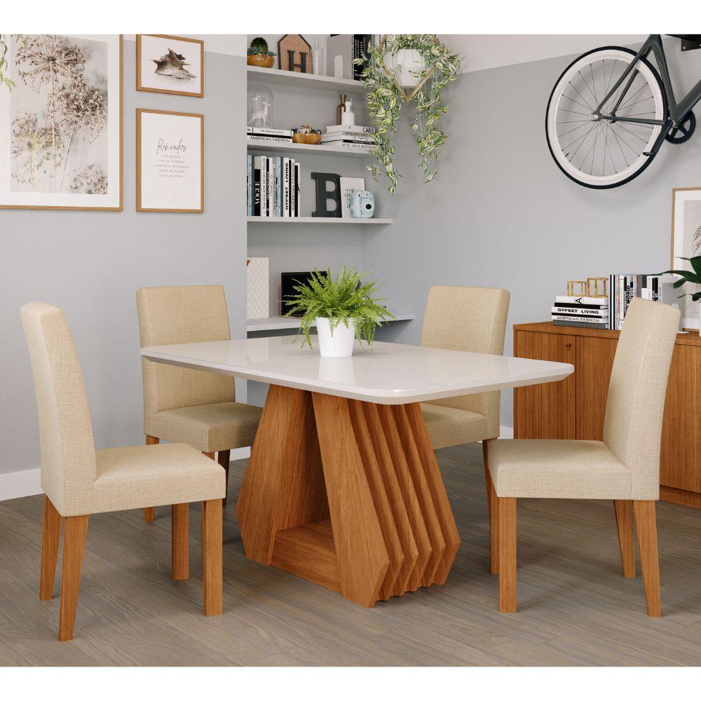 Mesa de Jantar 4 Cadeiras Tampo de Vidro Cinamomo/Off White Ágata Cimol