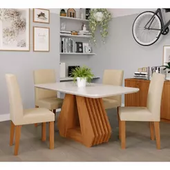 Mesa de Jantar 4 Cadeiras Tampo de Vidro Cinamomo/Off White Ágata Cimol