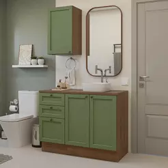 Conjunto Gabinete para Banheiro 110cm 3 Gavetas 3 Portas Rustic/Verde Vik Madesa 01