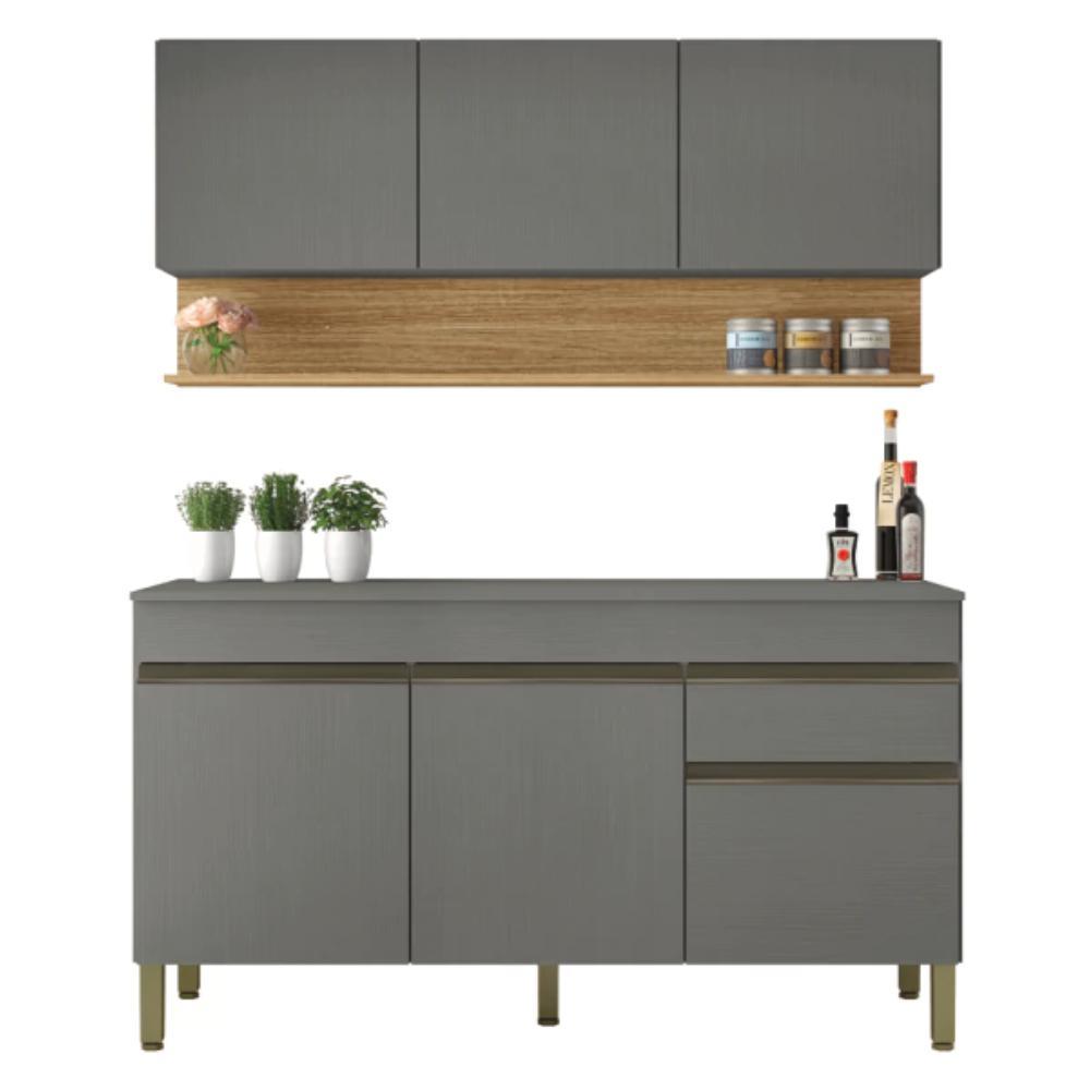 Kit Armário de Cozinha e Balcão Completa 1,50m Line Madeirado/Grafite Kit's Paraná em Oferta na Shopee