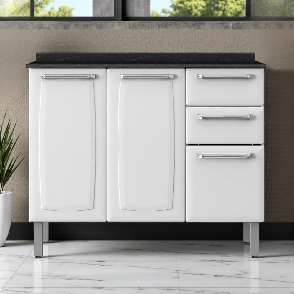 Balcão Cozinha em Aço 3 Portas 2 Gavetas 105cm com Tampo Luce Itatiaia  Branco