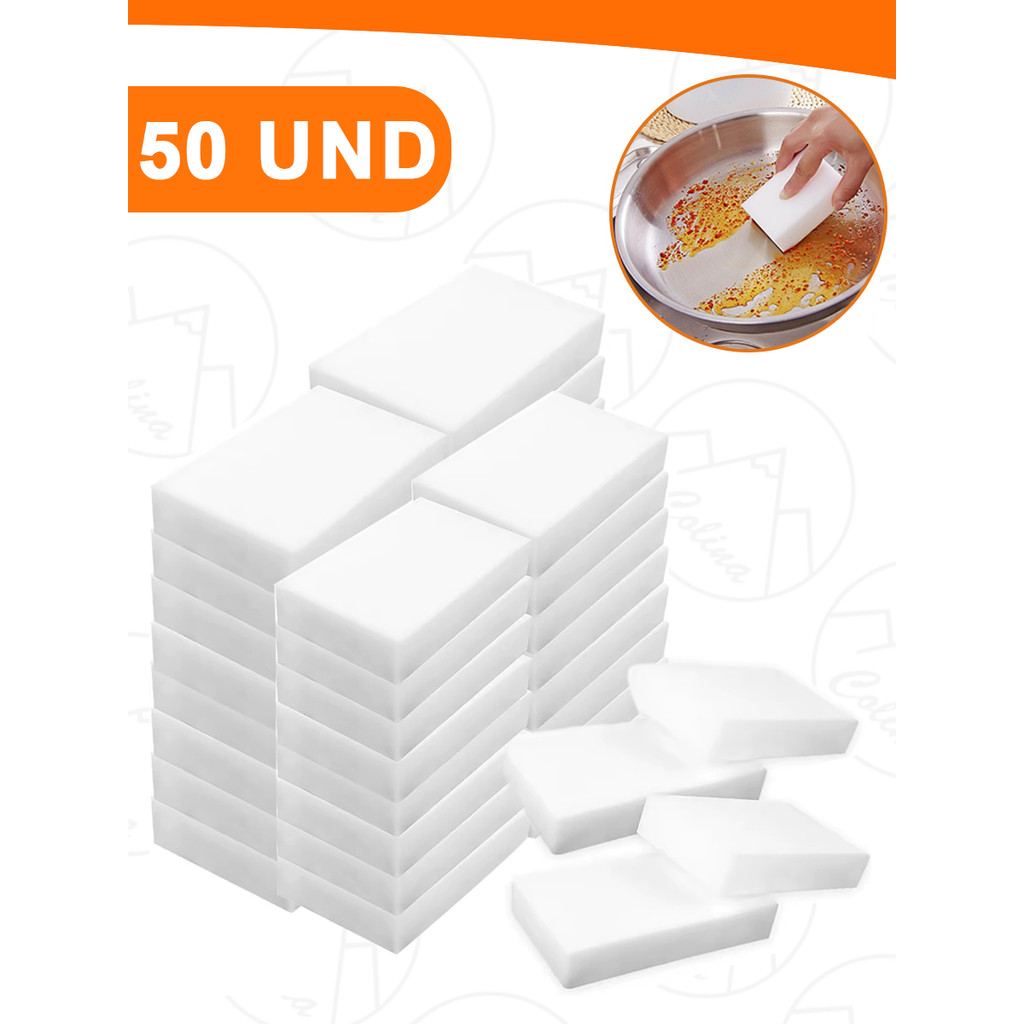 Kit 50x Esponja Mágica Branca de Melamina Tira Manchas Riscos Mágica Multiuso