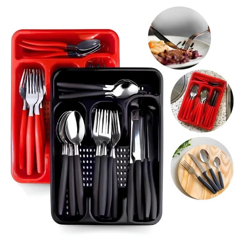 Jogo De Talheres inox Porta Talher Com 25 ou 17 Peças Diversas Cores em Oferta na Shopee