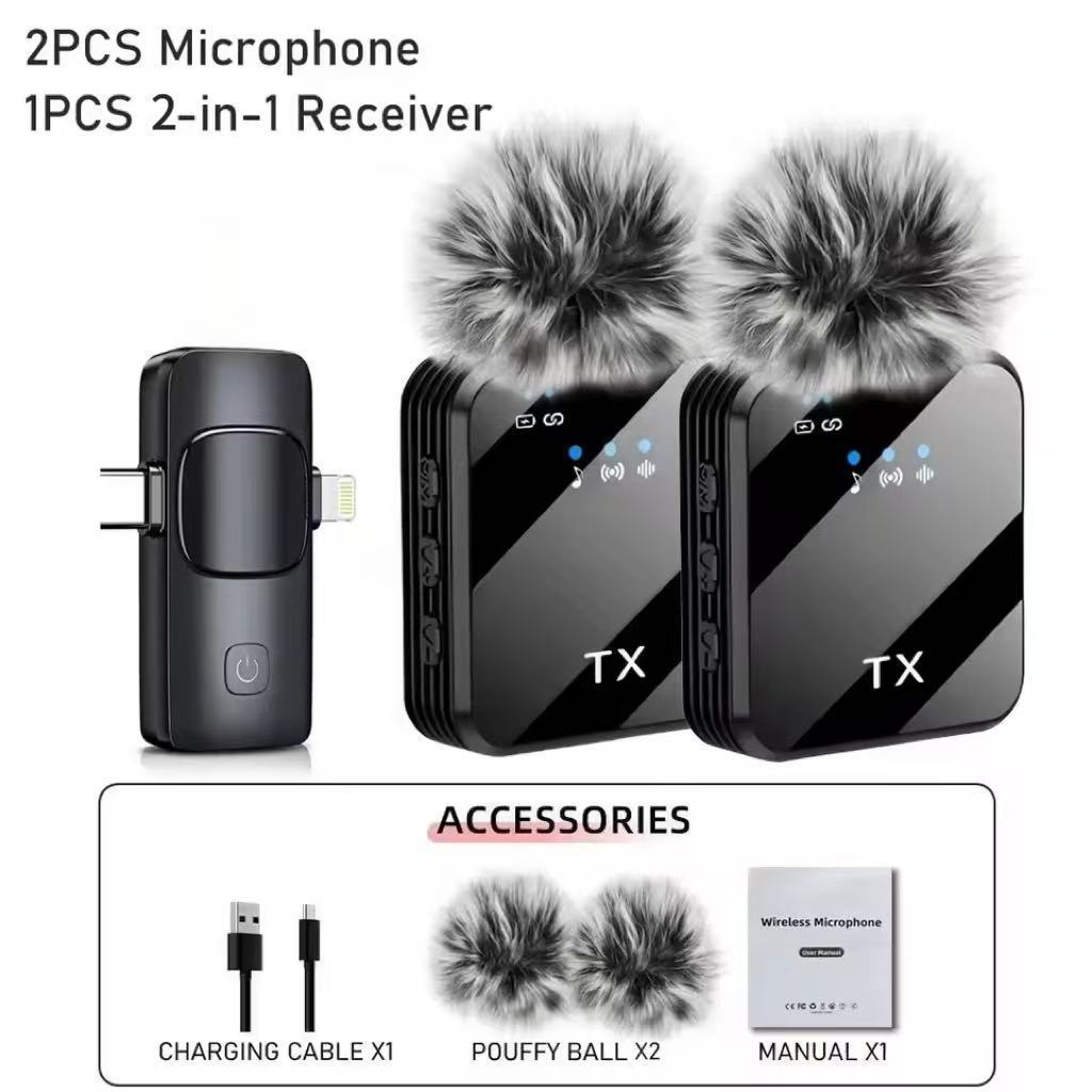 Microfone Lapela Duplo Sem Fio Para iPhone/Android 2em1 Profissional Magnético Redução de Ruído