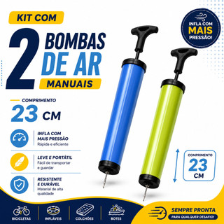 Bomba de Ar Manual Vertical 23cm Kit 1 ou 2 Unidades ou Kit 5 Bicos Adaptadores Universal Infláveis