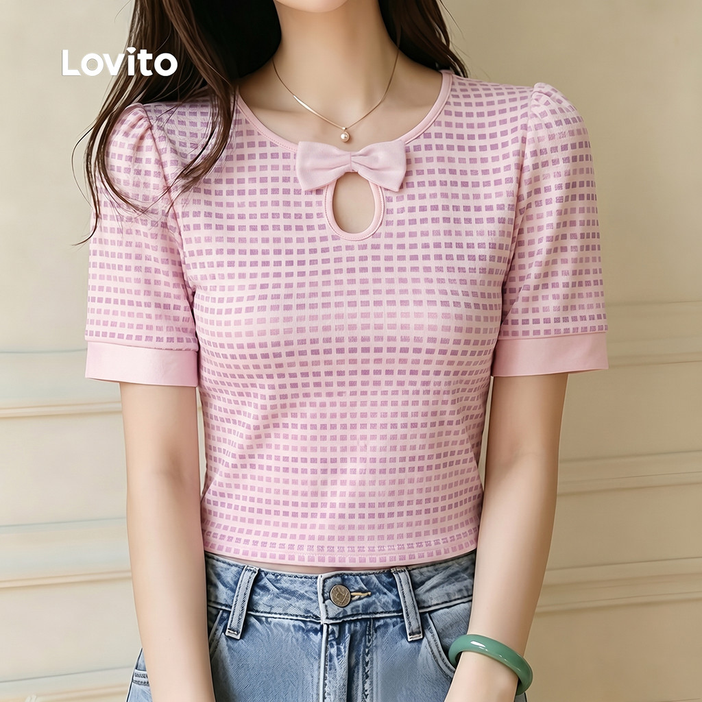 Lovito Camiseta Casual Corte de Padrão Laço Primavera/verão para Mulheres LK7LBD013 — imagem 2 de 2