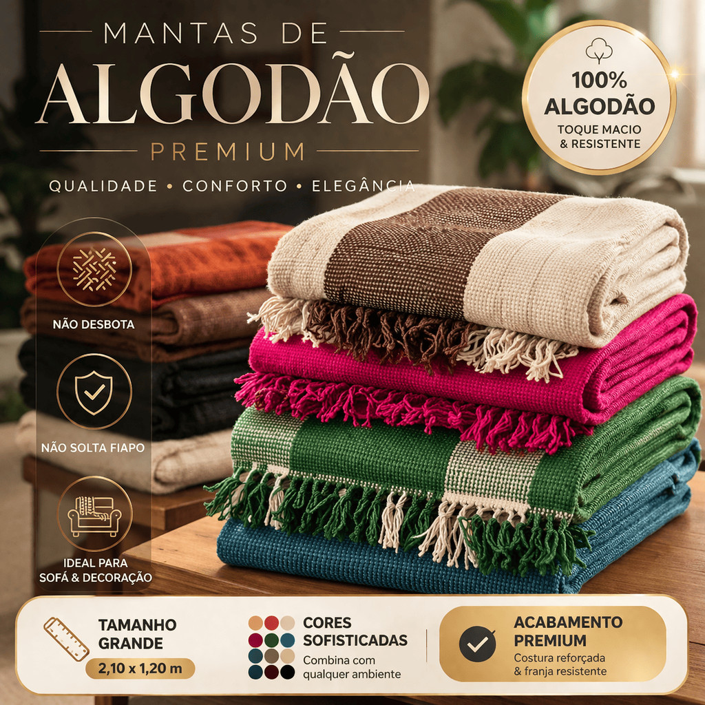 Manta Para Sofá – 2,10 m x 1,20 m – Grande -100% Algodão – Grossa -Decorativa Luxo – Não Solta Fiapo – Não Desbota