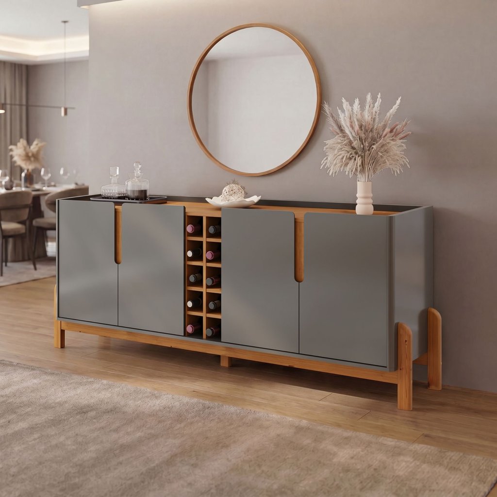 Buffet Aparador 190cm 4 Portas com Adega Lizz Cinza/Perola/Cedro Cinza Perola/Cedro